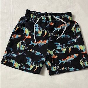Flapdoodles | Boys Black Swim Trunks with Colorful Shark Print | 3T